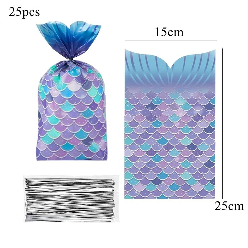 25/50 vnt. undinės uodegos saldainių maišeliai Tarnaitės svarstyklės plastikiniai maišeliai vaikams undinės gimtadienio vakarėliui, vestuvių purpurinių saldainių pakuotė