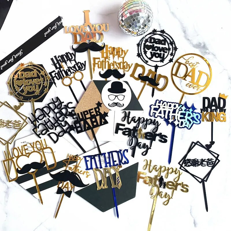 Barzdos tėčio gimtadienio torto viršelis Auksinis juodas akrilinis tėčio gimtadienio torto apmušalas Tėvo dienos torto viršui Dekoravimo dovanos