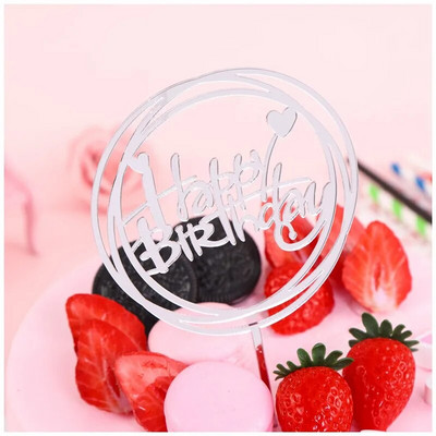 Su gimtadieniu Cake Topper Apvalus Auksinis sidabras Akrilas Gimtadienio vakarėlio deserto dekoravimas Kūdikių dušui