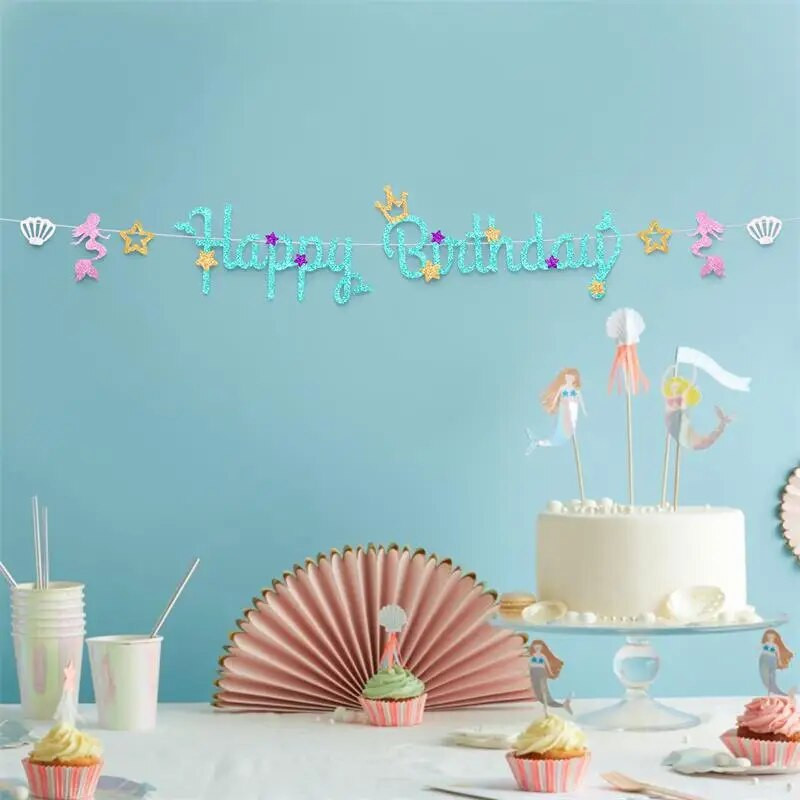 Тематично парти с русалка, честит рожден ден, азбука, дърпане на знамена, момичета, рожден ден, парти за бебешко парти, висяща овесарка, гирлянд за декорация Доп.