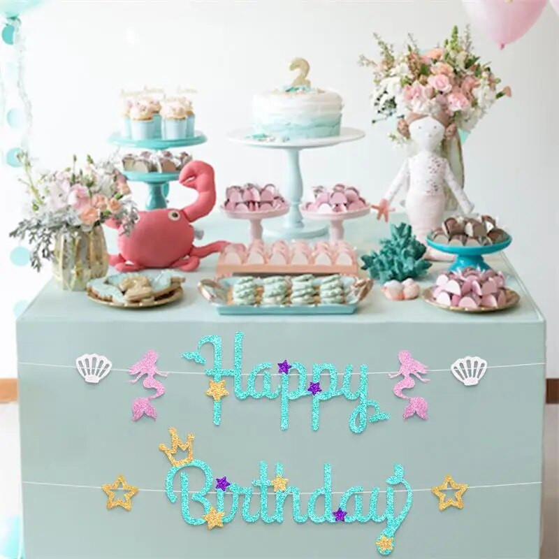 Тематично парти с русалка, честит рожден ден, азбука, дърпане на знамена, момичета, рожден ден, парти за бебешко парти, висяща овесарка, гирлянд за декорация Доп.