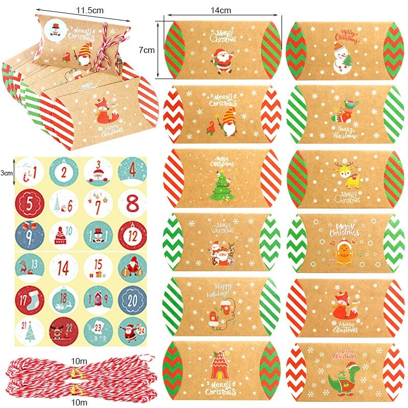24 бр. Коледна кутия за бонбони във формата на възглавница Коледна украса за дома Подаръчна кутия от крафт хартия Navidad 2023 Нова година Опаковъчни торби
