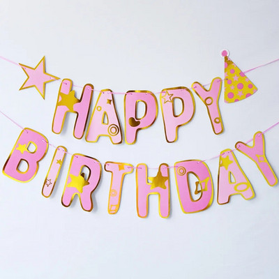 Творческа розова синя звездна шапка с пет точки Честит рожден ден Банер Детско парти за рожден ден Baby Shower Висяща овесарка Направи си сам Decoratio