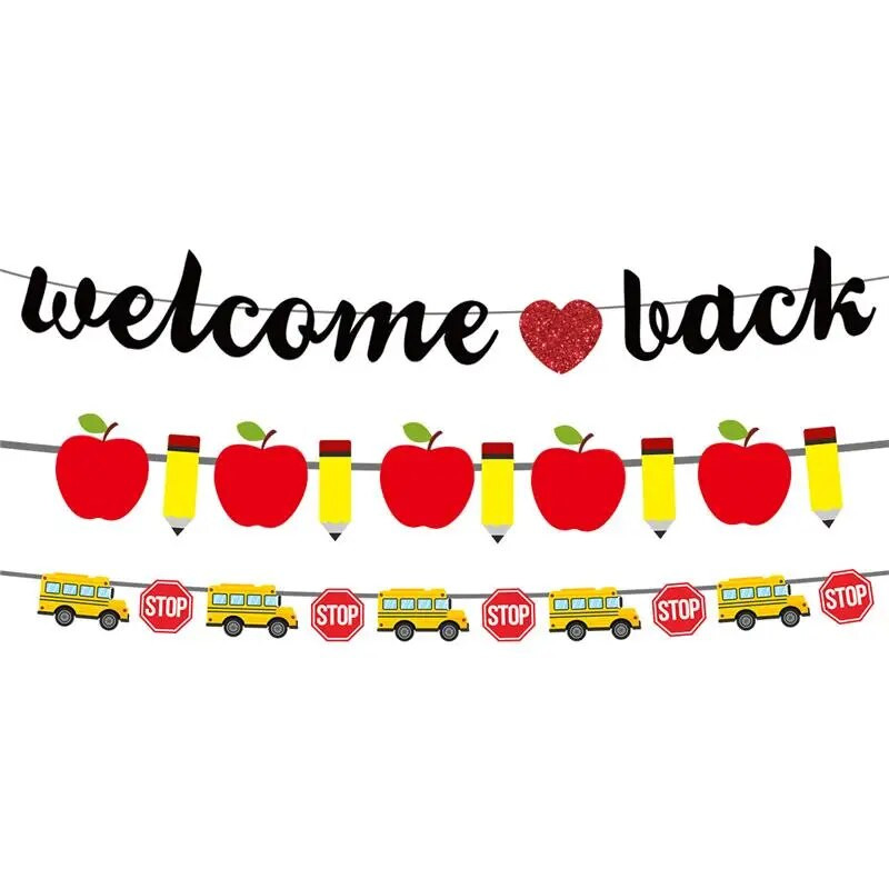 Знаме за декорация на парти за откриването на сезона Добре дошли отново Откриващ банер Училищен автобус Висулка Висящ гирлянд от овесарка в училищните класни стаи