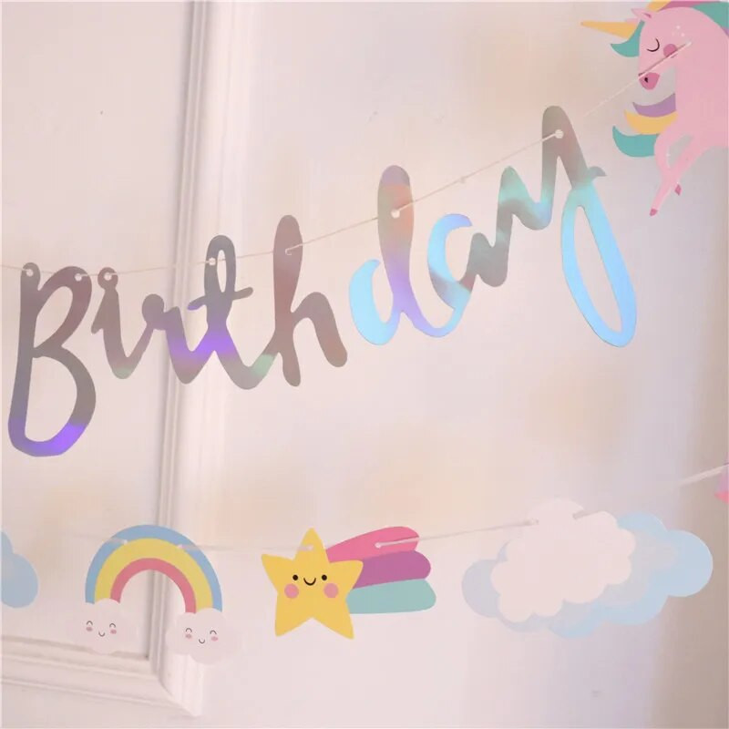 1 комплект цветни еднорог парти Честит рожден ден Хартиен банер Детско парти за рожден ден Еднорог Серия от декоративни банери и флаг