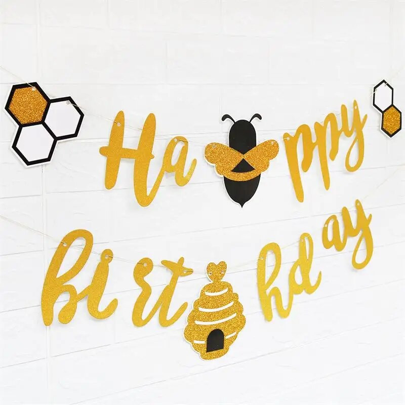 Розова пчела Честит рожден ден Банер Гарланд Парти за рожден ден Парти за първия рожден ден на бебето Празнувайте Висяща овесарка Декоративни елементи