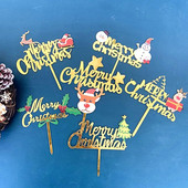 Нова цветна торта Merry Christmas Topper Златна акрилна шейна Elk Christmas Cake Toppers за рожден ден Коледно парти Торти Декорация