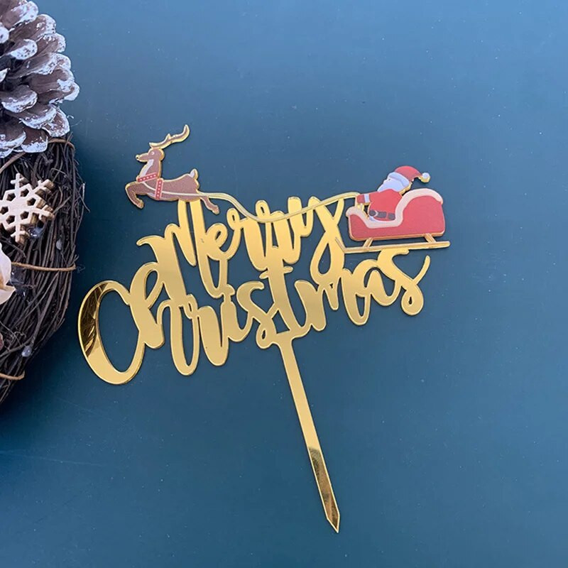 Нова цветна торта Merry Christmas Topper Златна акрилна шейна Elk Christmas Cake Toppers за рожден ден Коледно парти Торти Декорация
