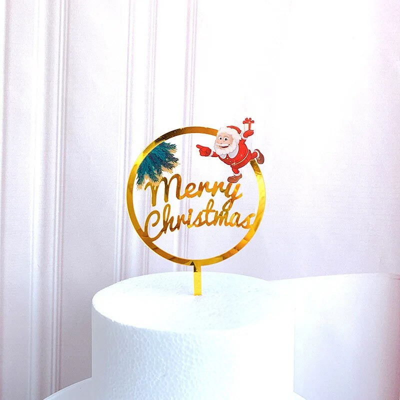 Нова цветна торта Merry Christmas Topper Златна акрилна шейна Elk Christmas Cake Toppers за рожден ден Коледно парти Торти Декорация