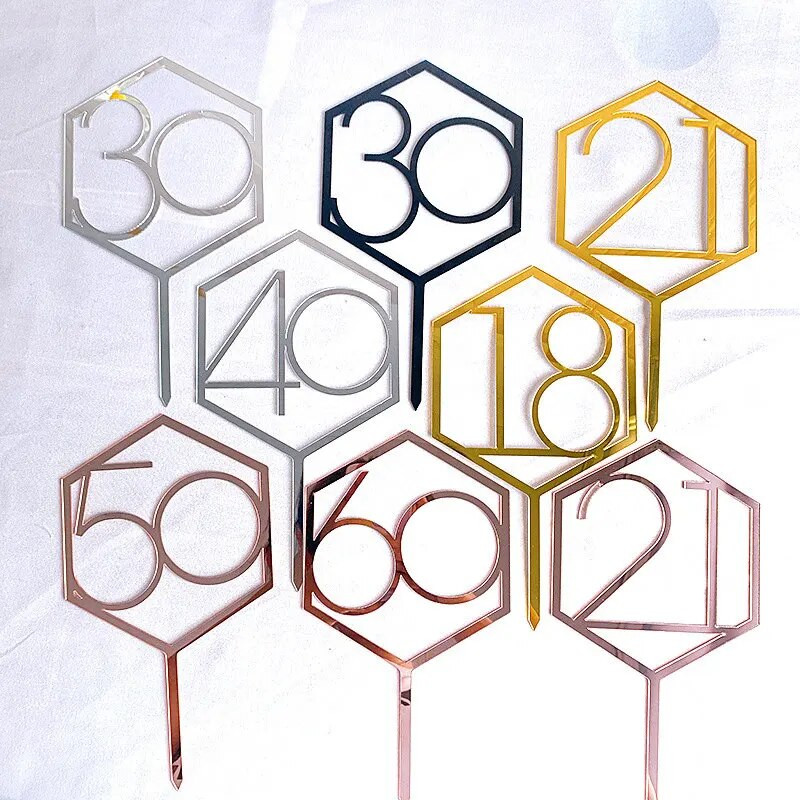 Нов Diamond18 21 30 Топер за торта за рожден ден Акрилно розово злато Годишнина от сватба Топери за кексчета Декорация на торта за годишнина