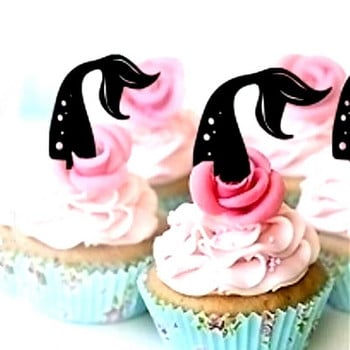 ins Mermaid Happy Birthday Cake Topper Златисто черен Акрилен Cupcake топер за Деца Торта за рожден ден Десерт Декорация Baby Shower