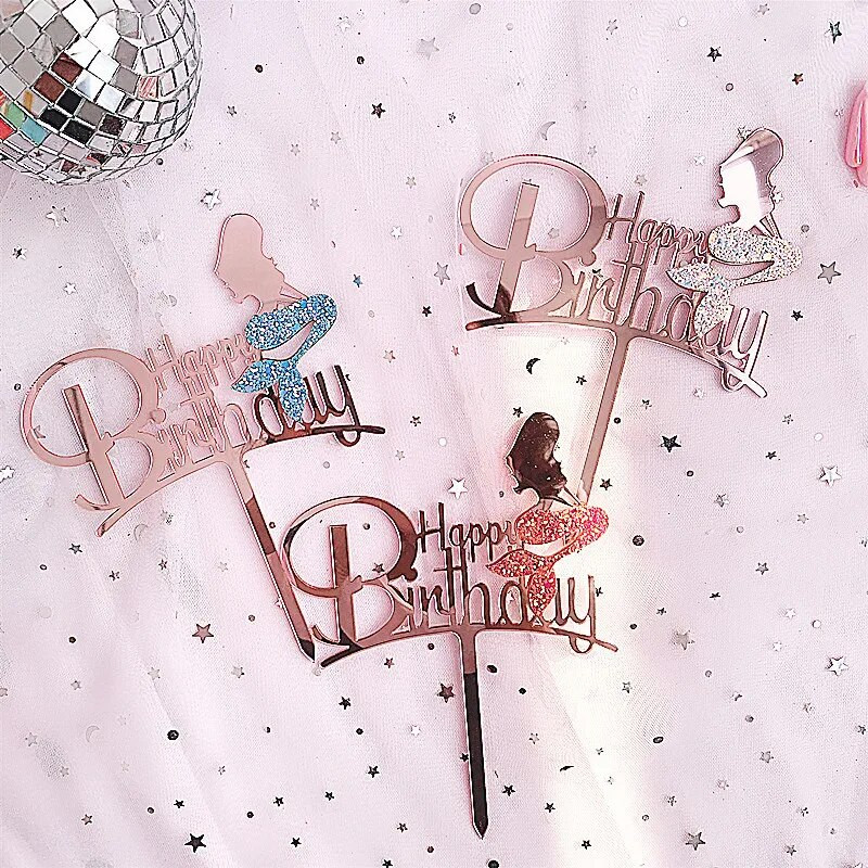 ins Mermaid Happy Birthday Cake Topper Златисто черен Акрилен Cupcake топер за Деца Торта за рожден ден Десерт Декорация Baby Shower