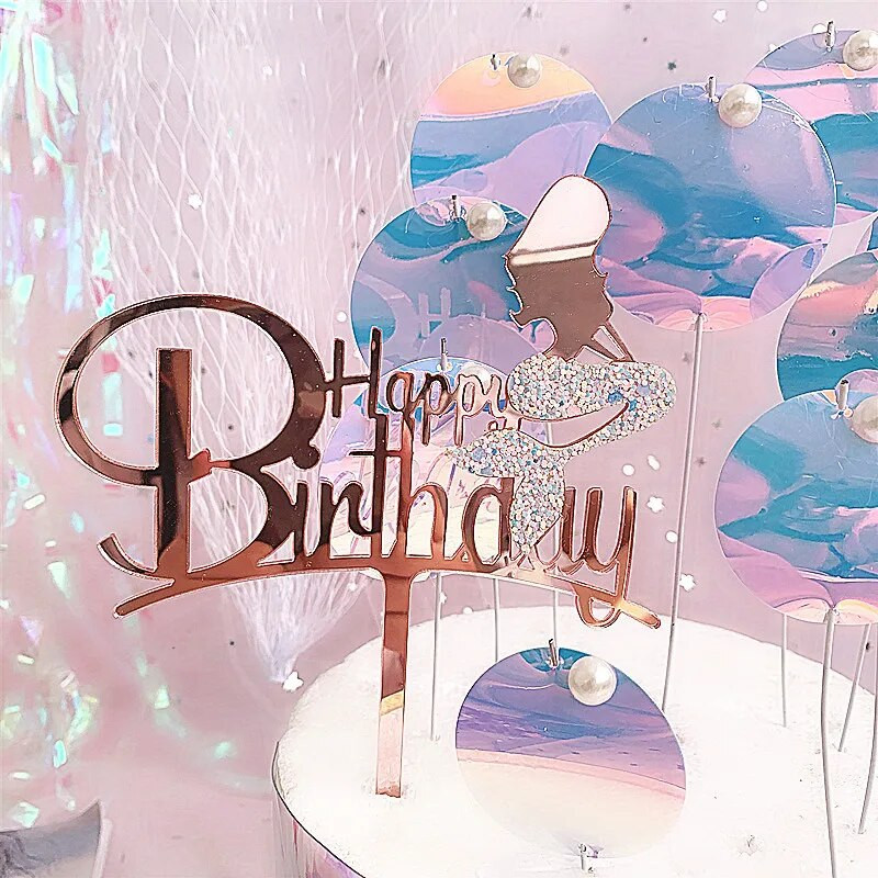 ins Mermaid Happy Birthday Cake Topper Златисто черен Акрилен Cupcake топер за Деца Торта за рожден ден Десерт Декорация Baby Shower