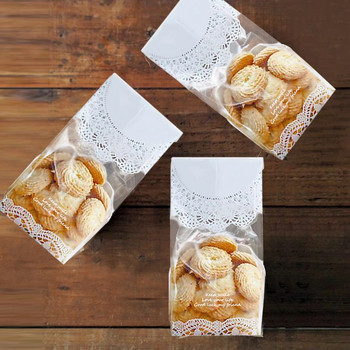 50 бр./лот Бяла дантелена бисквитена торбичка за бисквити Сватбен подарък Бонбони Cupcake Ръчно изработени Направи си сам коледни пластмасови опаковъчни торбички