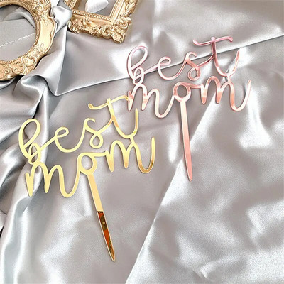 Best MoM Cake Topper Acrylic Golden Happy Birthday Cake Top Flag Mother`s Day Cupcake Toppers Mom Birthday Party cake Decoration