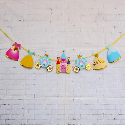 Vaikų gimtadienio princesės vėliava traukiama pilies moliūgų automobilio girliandos dekoravimo kambario vakarėlis vėliavos pakėlimas vestuvės Šimto dienų vakarėlis