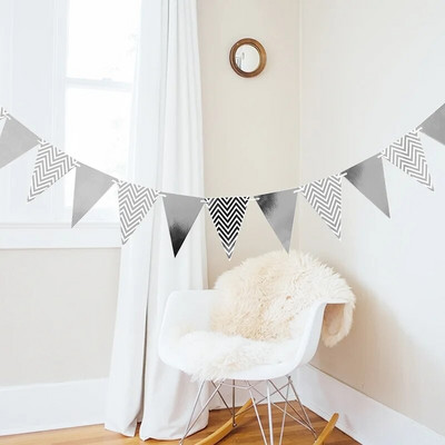 Auksinis vimpelas, mojuojantis vėliava Gimtadienio vakarėlio dekoracijos aukso sidabro pudra ir mėlynos trikampės reklamjuostės