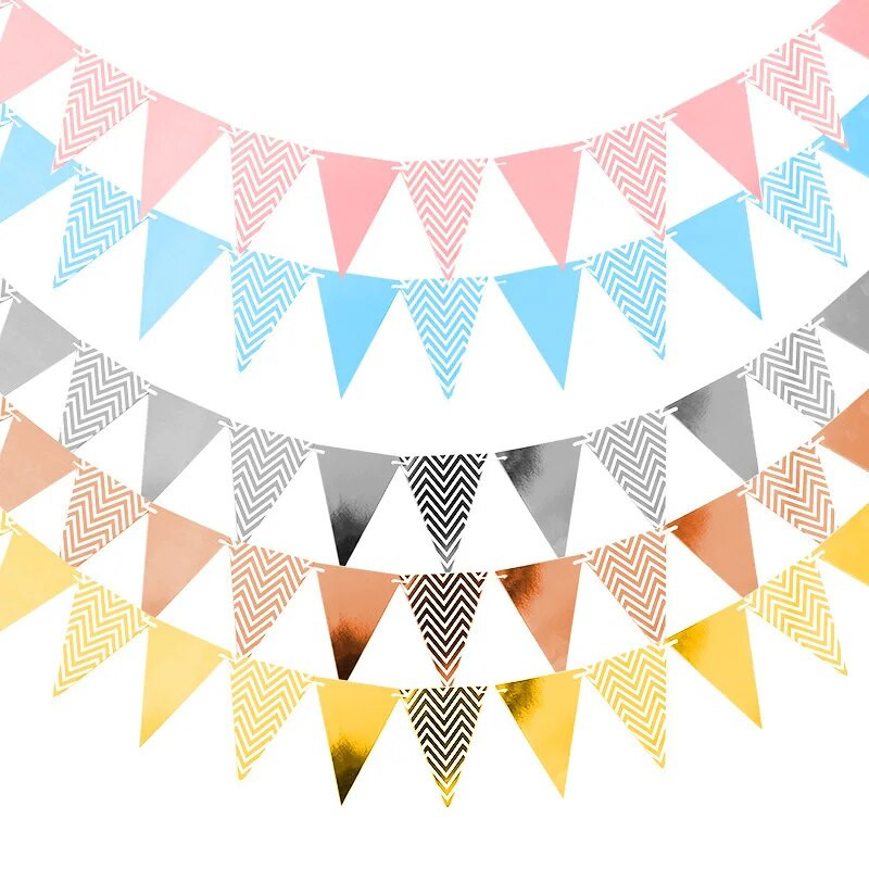 Auksinis vimpelas, mojuojantis vėliava Gimtadienio vakarėlio dekoracijos aukso sidabro pudra ir mėlynos trikampės reklamjuostės