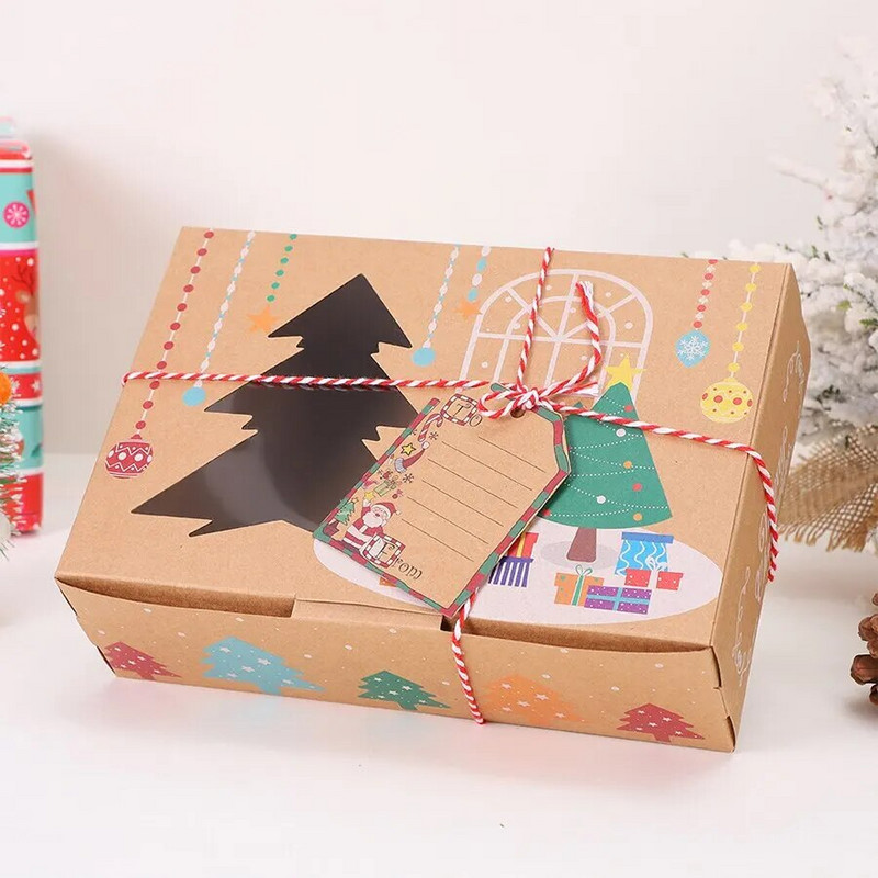 4vnt Kalėdinių saldainių sausainių dėžutės kraftpopieriaus dovanų dėžutė maisto kepinių skanėstų dėžutės su skaidriu langu Navidad Decor Kalėdų dovanų maišelis