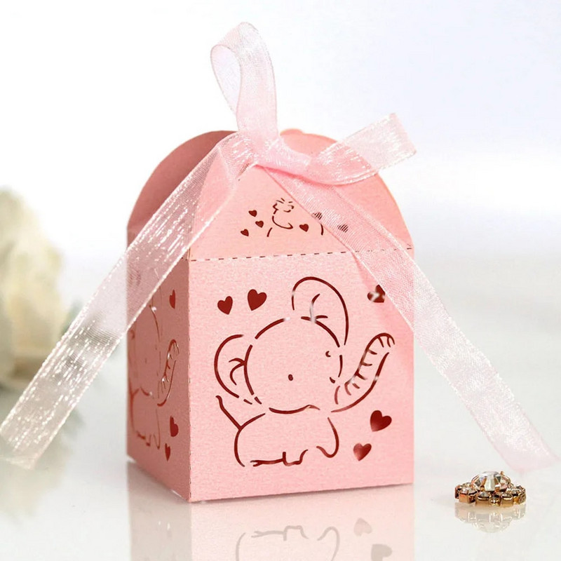 10 vnt Baby Shower dramblių saldainių dėžutė lazeriu iškirpta tuščiavidurė lytį atskleidžianti dovanų dėžutė su kaspinu, mėlyna, berniuko ar mergaitės vakarėlio reikmenys