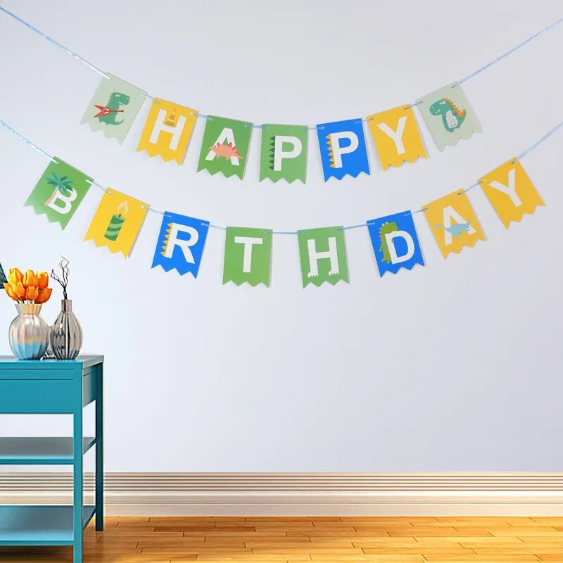 Kūdikio gimtadienio puošmena Flamingo dinozaurų vakarėlio kabantis dekoracija Su gimtadieniu Spalvinga reklamjuostė