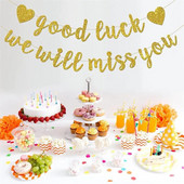 Vakarėlio dekoravimas Sėkmės, mes tavęs pasiilgsime Auksinės rožinės raidės vėliava Pensininkų vakarėlio fono reklamjuostės dekoravimo reikmenų išdėstymas