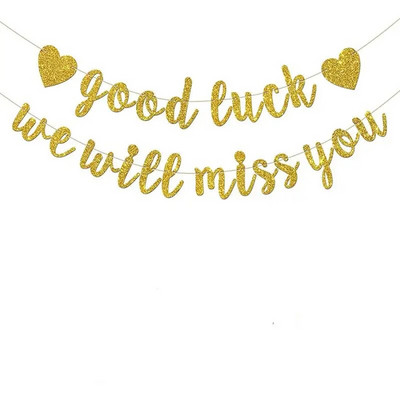 Vakarėlio dekoravimas Sėkmės, mes tavęs pasiilgsime Auksinės rožinės raidės vėliava Pensininkų vakarėlio fono reklamjuostės dekoravimo reikmenų išdėstymas