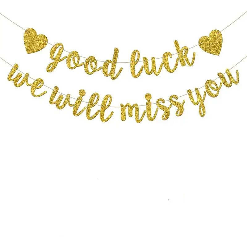 Vakarėlio dekoravimas Sėkmės, mes tavęs pasiilgsime Auksinės rožinės raidės vėliava Pensininkų vakarėlio fono reklamjuostės dekoravimo reikmenų išdėstymas