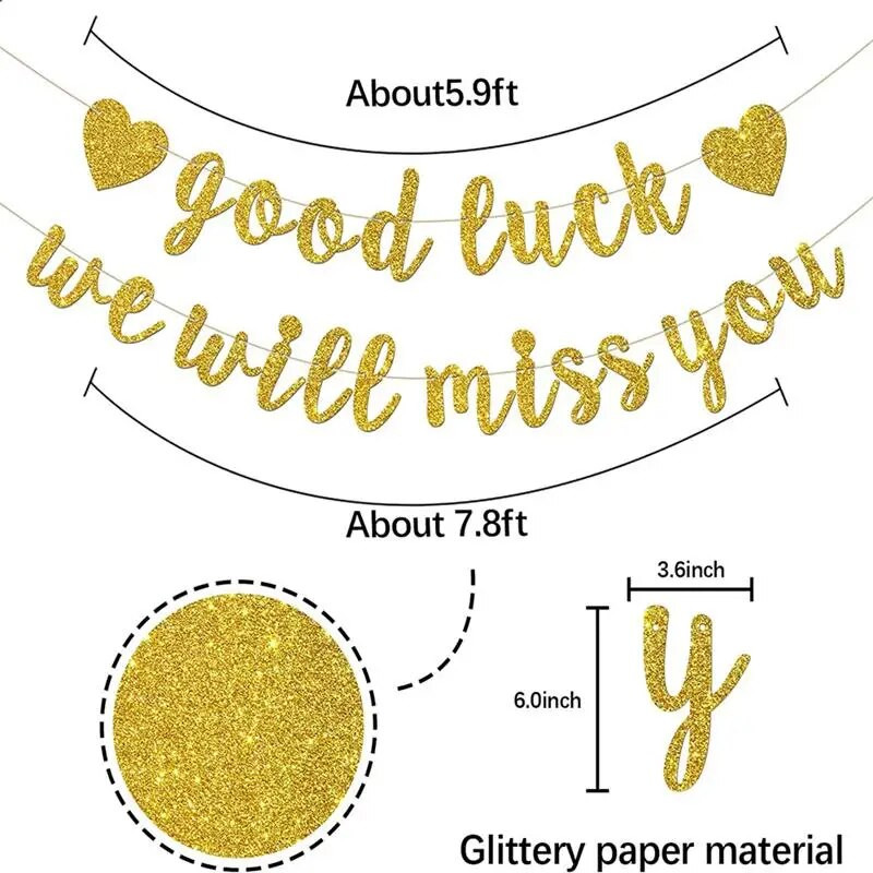 Vakarėlio dekoravimas Sėkmės, mes tavęs pasiilgsime Auksinės rožinės raidės vėliava Pensininkų vakarėlio fono reklamjuostės dekoravimo reikmenų išdėstymas