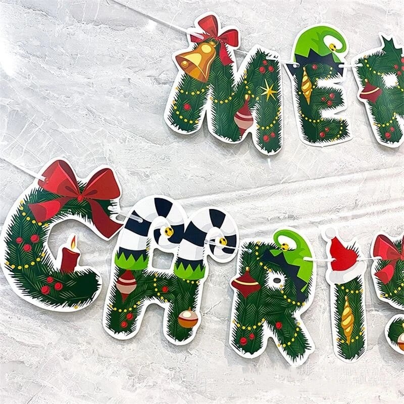 Šventinis vakarėlis Kalėdų vėliava Reklaminė juosta Kalėdų eglutės varpeliai, traukiantys gėlę Šeimos vakarėlis Linksmų kalėdų kabantis ešerių girlianda Decora