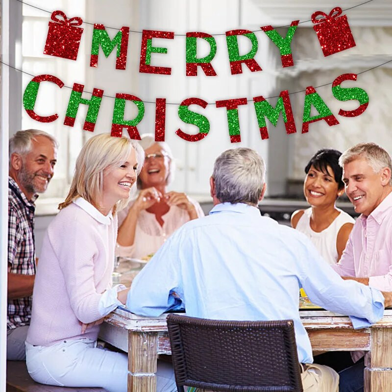 Kalėdų vakarėlis Raudona Žalia Linksmų Kalėdų vėliava reklaminė juosta Langų parduotuvė Kalėdų vakarėlio fonas Kabanti skerdena girlianda „pasidaryk pats“ dekoras