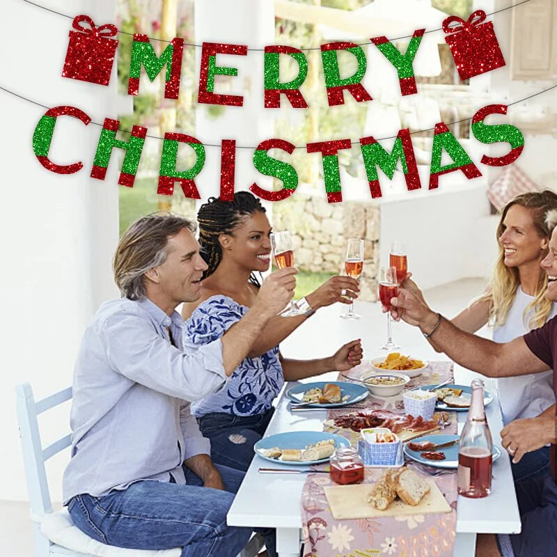 Kalėdų vakarėlis Raudona Žalia Linksmų Kalėdų vėliava reklaminė juosta Langų parduotuvė Kalėdų vakarėlio fonas Kabanti skerdena girlianda „pasidaryk pats“ dekoras