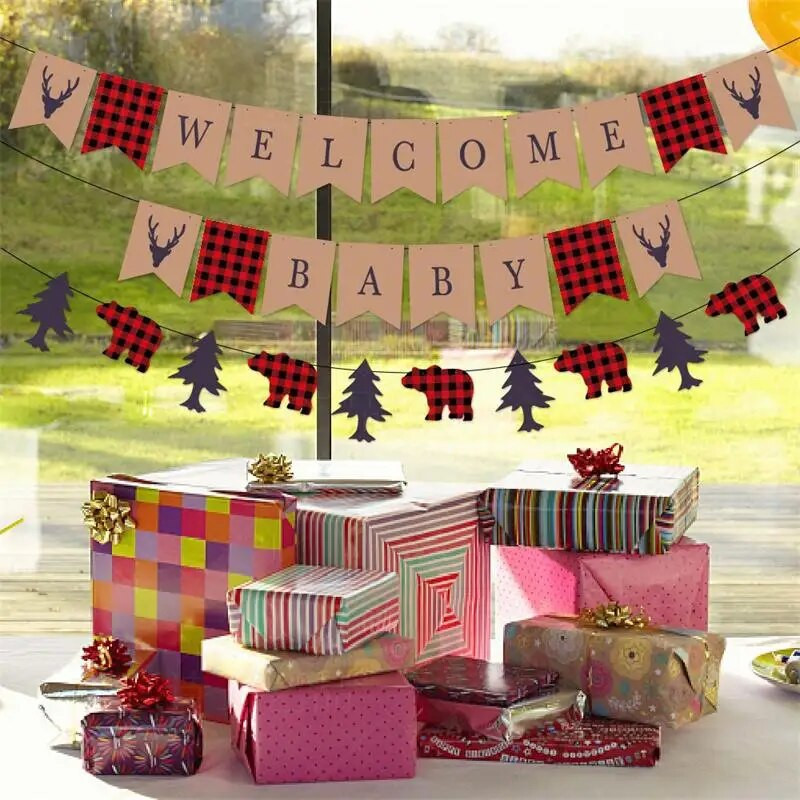 Džiunglių medienos ruošos tema: Sveikiname kūdikį, traukiančią vėliavėlę Linksmo kūdikio gimtadienio pasveikinimo vakarėlio fonas Kabantys reklamjuostės Girliandos „pasidaryk pats“ dekoras