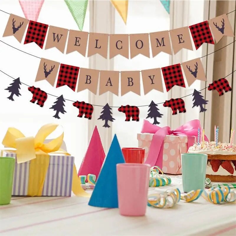 Džiunglių medienos ruošos tema: Sveikiname kūdikį, traukiančią vėliavėlę Linksmo kūdikio gimtadienio pasveikinimo vakarėlio fonas Kabantys reklamjuostės Girliandos „pasidaryk pats“ dekoras