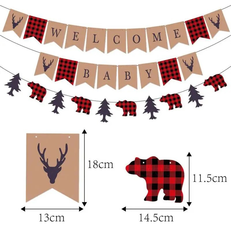 Džiunglių medienos ruošos tema: Sveikiname kūdikį, traukiančią vėliavėlę Linksmo kūdikio gimtadienio pasveikinimo vakarėlio fonas Kabantys reklamjuostės Girliandos „pasidaryk pats“ dekoras