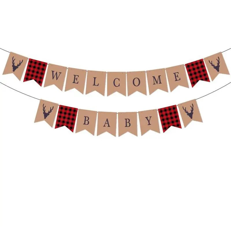 Džiunglių medienos ruošos tema: Sveikiname kūdikį, traukiančią vėliavėlę Linksmo kūdikio gimtadienio pasveikinimo vakarėlio fonas Kabantys reklamjuostės Girliandos „pasidaryk pats“ dekoras