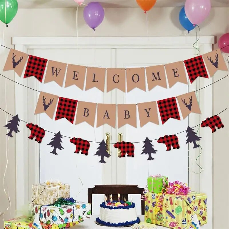 Džiunglių medienos ruošos tema: Sveikiname kūdikį, traukiančią vėliavėlę Linksmo kūdikio gimtadienio pasveikinimo vakarėlio fonas Kabantys reklamjuostės Girliandos „pasidaryk pats“ dekoras