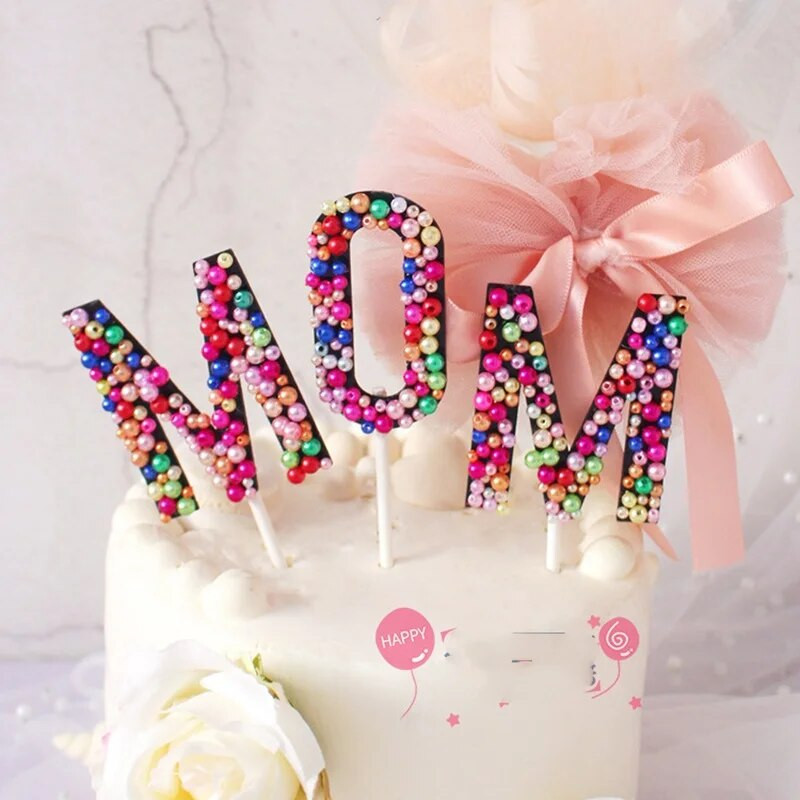 1 rinkinys Motinos dienos torto dekoravimas Rankų darbo spalvingas perlas 3D abėcėlės desertų stalo serviravimas Dovanos Gimtadienis Vestuvinis tortas Vėliavos