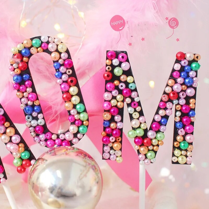 1 rinkinys Motinos dienos torto dekoravimas Rankų darbo spalvingas perlas 3D abėcėlės desertų stalo serviravimas Dovanos Gimtadienis Vestuvinis tortas Vėliavos