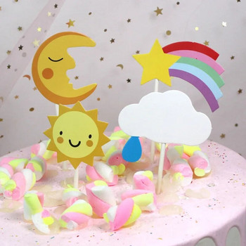 1 комплект дъгови звезди, лунна торта за рожден ден Topper Честит рожден ден Декорация на торта Top Flags за торта за кръщене на бебе Консумативи за печене