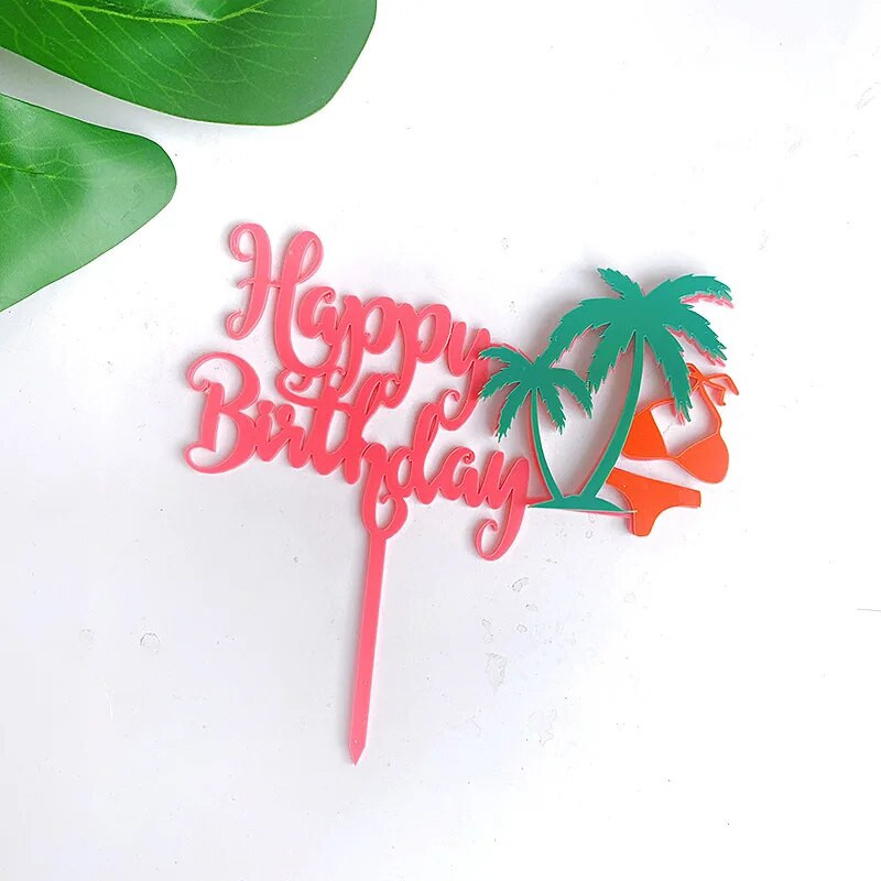 Vasaros paplūdimio gimtadienis Tortas Topper Rožinis auksinis akrilas su gimtadieniu torto vėliavėlės deserto puošmena Berniukui mergaitei Vakarėlio kepimo reikmenys