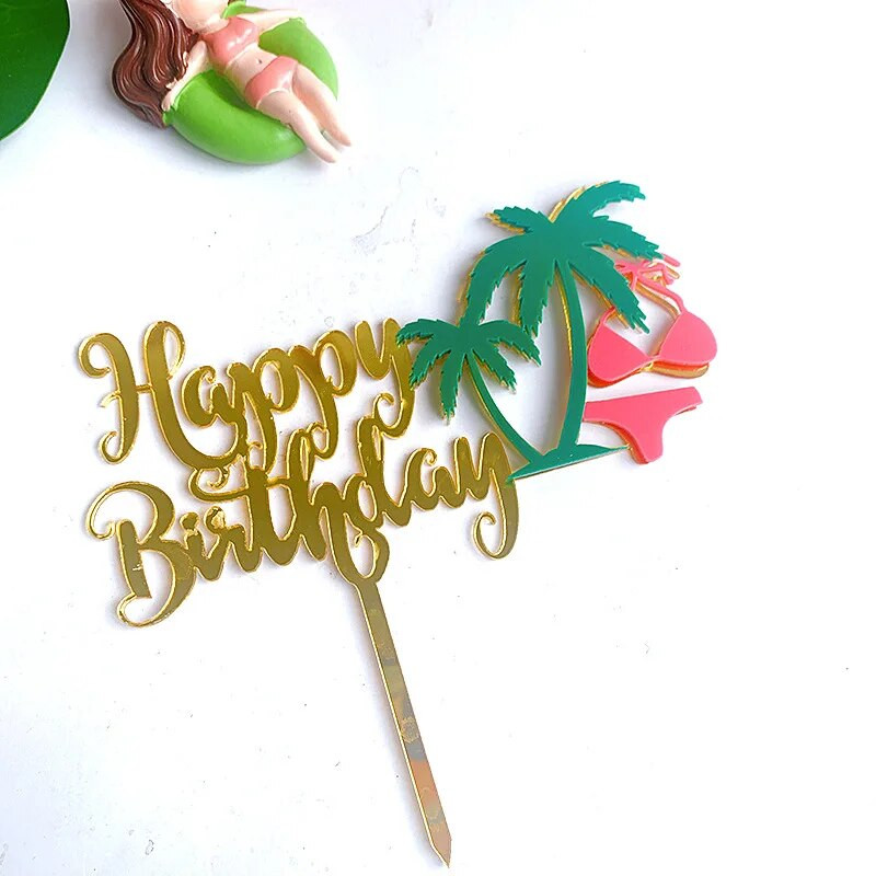 Vasaros paplūdimio gimtadienis Tortas Topper Rožinis auksinis akrilas su gimtadieniu torto vėliavėlės deserto puošmena Berniukui mergaitei Vakarėlio kepimo reikmenys