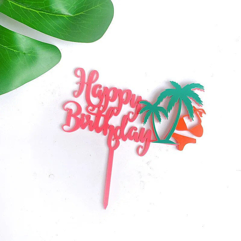 Vasaros paplūdimio gimtadienis Tortas Topper Rožinis auksinis akrilas su gimtadieniu torto vėliavėlės deserto puošmena Berniukui mergaitei Vakarėlio kepimo reikmenys