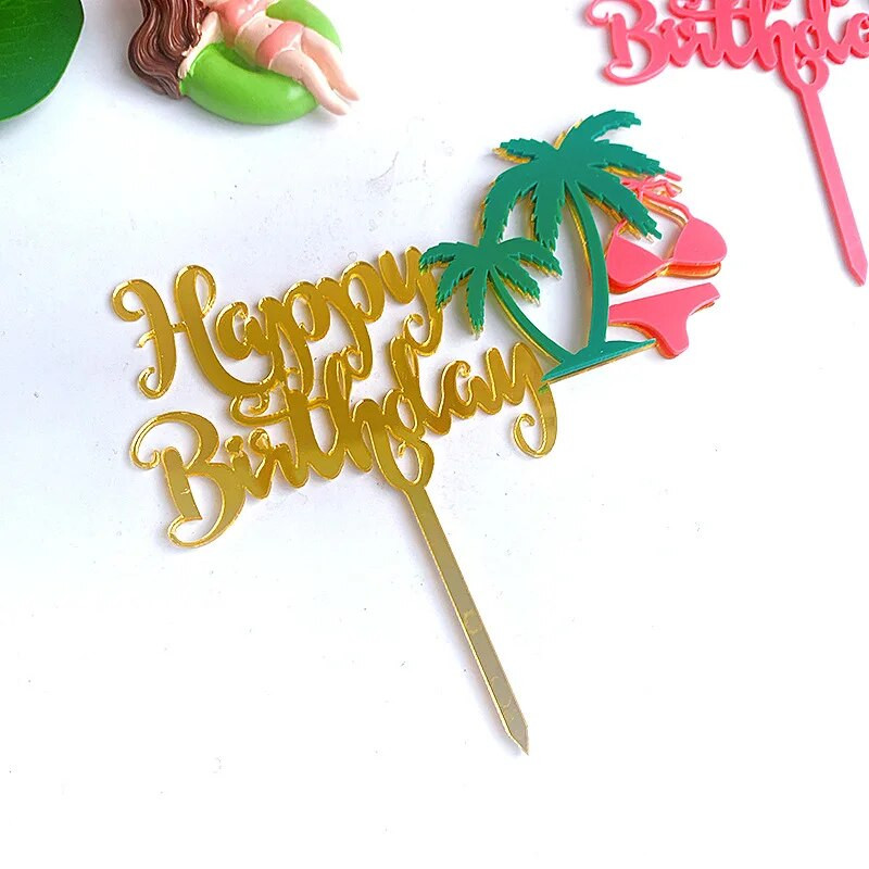 Vasaros paplūdimio gimtadienis Tortas Topper Rožinis auksinis akrilas su gimtadieniu torto vėliavėlės deserto puošmena Berniukui mergaitei Vakarėlio kepimo reikmenys