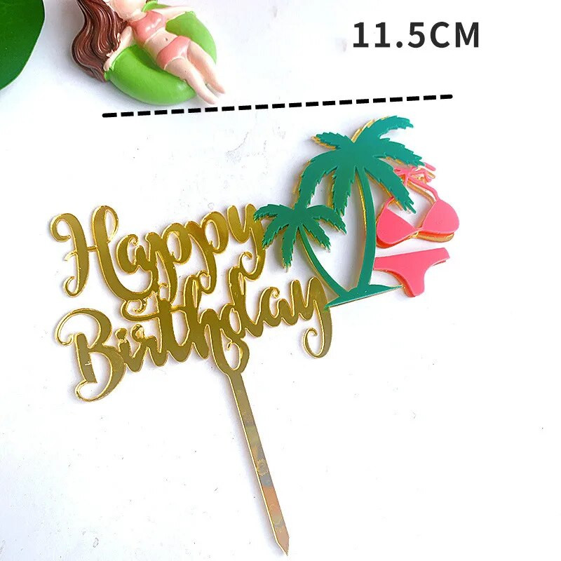 Vasaros paplūdimio gimtadienis Tortas Topper Rožinis auksinis akrilas su gimtadieniu torto vėliavėlės deserto puošmena Berniukui mergaitei Vakarėlio kepimo reikmenys