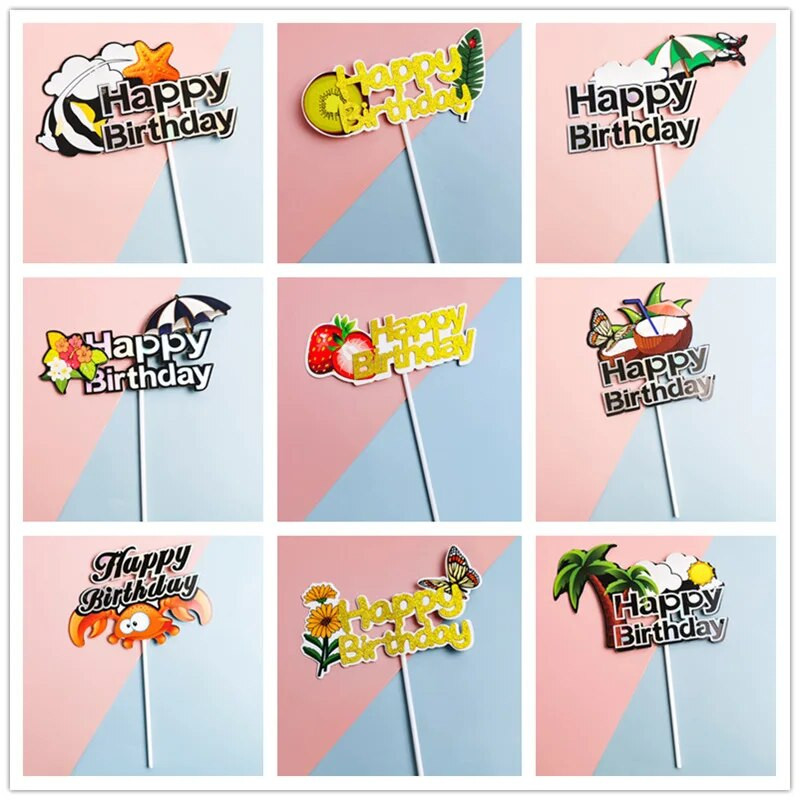 ins Vasaros paplūdimio vakarėlis Cake Topper Kids Happy Gimtadienio tortas vėliavėlės dekoravimas Jūros tema gimtadienio vakarėlis cupcake Toppers reikmenys