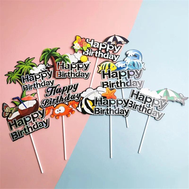 ins Vasaros paplūdimio vakarėlis Cake Topper Kids Happy Gimtadienio tortas vėliavėlės dekoravimas Jūros tema gimtadienio vakarėlis cupcake Toppers reikmenys