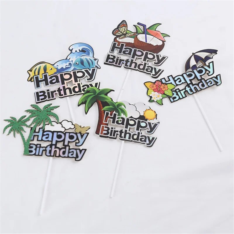 ins Vasaros paplūdimio vakarėlis Cake Topper Kids Happy Gimtadienio tortas vėliavėlės dekoravimas Jūros tema gimtadienio vakarėlis cupcake Toppers reikmenys