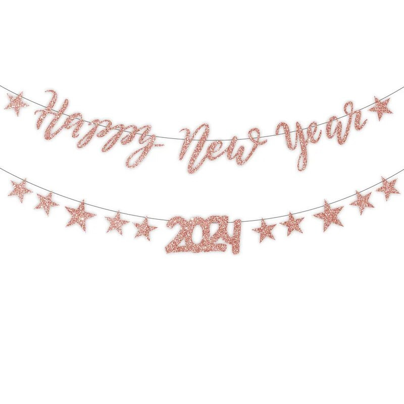 Vakarėlio puošmena Laimingų Naujųjų 2024 m. Penkių žvaigždučių vėliava traukiama vaikų Naujųjų metų vakarėlio fonas Kabanti girlianda