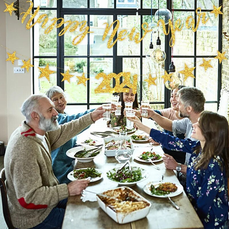 Vakarėlio puošmena Laimingų Naujųjų 2024 m. Penkių žvaigždučių vėliava traukiama vaikų Naujųjų metų vakarėlio fonas Kabanti girlianda